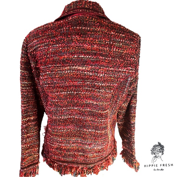 Yak Magik Red & Orange Textured Silk Blend Tweed Fringe Women’s Blazer S - Picture 5 of 8